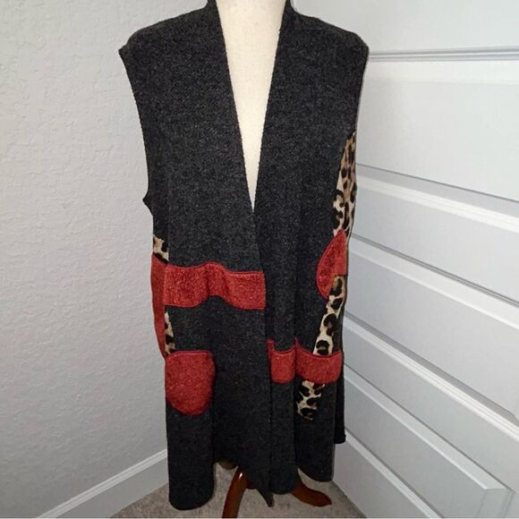 Trisha Tyler Open Front Animal Print Sleeveless Lagenlook Tunic Knit Vest - Picture 1 of 12